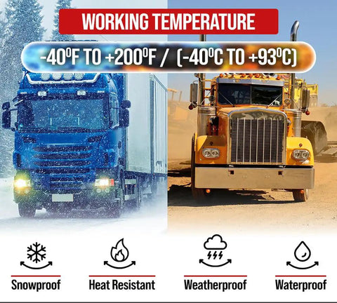 12 Foot Air Line Hose Assembly With Flexible Grips And 1/2 Inch Npt Fittings Red And Blue End Fittings Sae J1402 Type A Rubber Airbrake Hose Dual Lead Set For Semi Trucks Trailers And Tractors shown in weatherproof conditions, with blue and yellow trucks pictured in various climates, highlighting product durability.