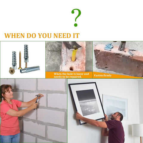 Collage showing usage of 60 Pack Hollow Wall Anchors With Screws For Concrete And Drywall Heavy Duty Steel Expansion Bolts Zinc Plated
