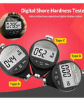 Digital Shore Hardness Durometer And Tester Meter For Rubber Leather Plastic Acrylic Portable Handheld Gauge showing readings 028.5 HC, 044 HA, 052 HHC in black.