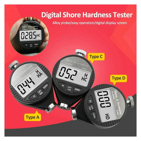 Digital Shore Hardness Durometer And Tester Meter For Rubber Leather Plastic Acrylic Portable Handheld Gauge showing readings 028.5 HC, 044 HA, 052 HHC in black.