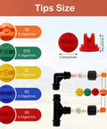 Diagram showing five colored tip sizes for Six Nozzles Metal Boom Wand Sprayer With Five Tip Types And Beefy Ultra Durable Metal Rods