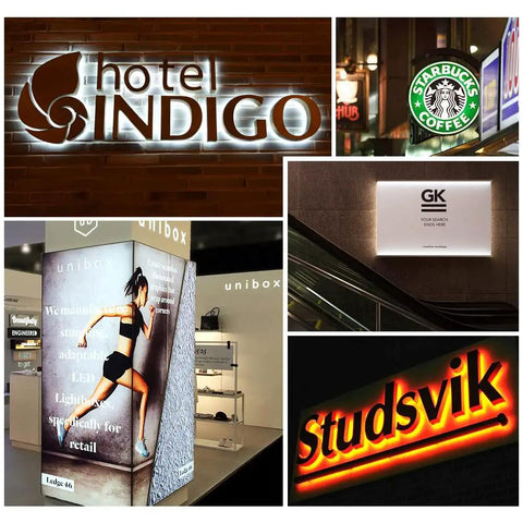 Storefront LED Module Kit For Signs White 6500K 2835 SMD 1.2W 12V DC Waterproof Window Light 100 Pcs For Letter Advertising Sign Decor High Brightness And Energy Saving Power Supply Not Included featuring various illuminated commercial signs including hotel, coffee, and fitness brand logos.