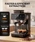 Compact Semi Automatic Espresso Machine With Built In Burr Grinder And Steam Frother 20 Bar Pressure Quick Heat countertop with two cups of espresso.