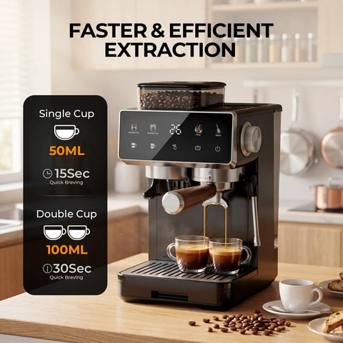 Compact Semi Automatic Espresso Machine With Built In Burr Grinder And Steam Frother 20 Bar Pressure Quick Heat countertop with two cups of espresso.
