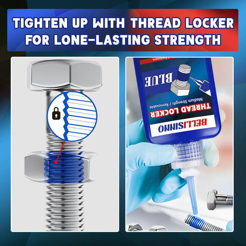 Blue and red high-strength thread locker for secure bolts and fasteners, ideal for automotive repair and DIY projects, tightens for lasting strength.