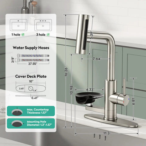 HEROBAI Waterfall Kitchen Faucets with Glass Rinser &Sprayer Brushed Nickel with dimensions and features displayed.