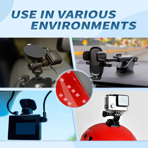 Six Pack Dash Cam Adhesive Pads Set for car heavy duty heat resistant tape in use on dashboard with dash cams and GPS.