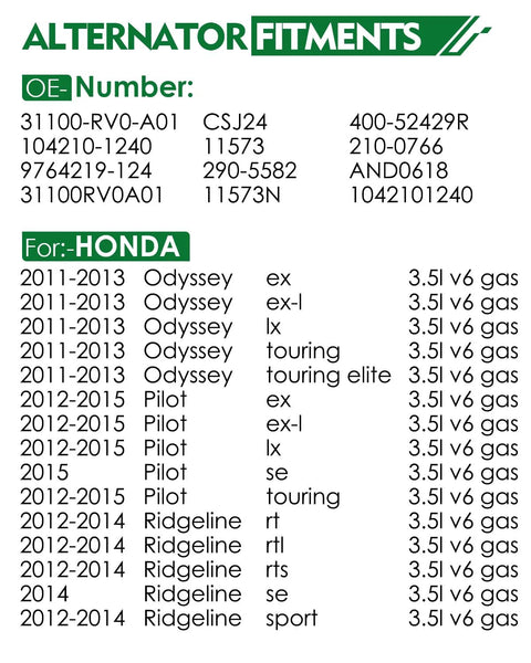 Compatibility chart for alternator fitments with OE numbers for Honda models 2011-2015 including Odyssey, Pilot, Ridgeline.