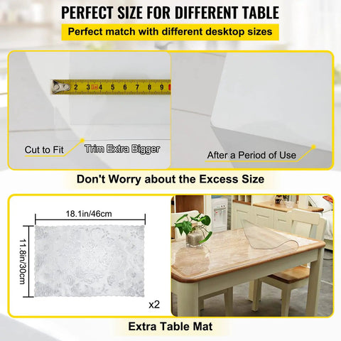 Clear 24 By 60 Inch Table Protector 1.5mm Thick PVC Desk Mat installed on a wooden table, showing cut to fit feature.