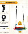 Dimensions and features of 40 Inch Saucer Tree Swing For Kids And Adults, showing adjustable ropes and a multicolored saucer seat.
