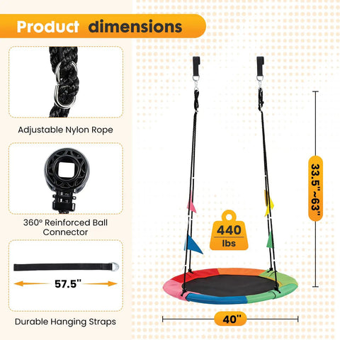Dimensions and features of 40 Inch Saucer Tree Swing For Kids And Adults, showing adjustable ropes and a multicolored saucer seat.