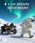 Polar bear pulling ATV in snowy landscape with 3 In 1 ATV UTV Trailer Hitch Adapter With Two Inch Ball And Clevis Pin attached.