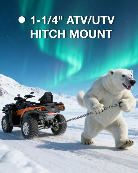 Polar bear pulling ATV in snowy landscape with 3 In 1 ATV UTV Trailer Hitch Adapter With Two Inch Ball And Clevis Pin attached.