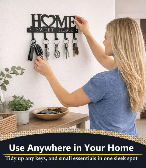 Wall Mounted Key Holder With Hooks Organizer Rack For Entryway Front Door Kitchen Hallway Garage And Mudroom Durable Black Iron Decor Stylish And Practical For Quick Key Drop And Everyday Use