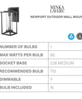 Specifications for Newport Outdoor Wall Mount light fixture, 1 bulb, max 60 watts, E26 base, dimmable, no bulb included.