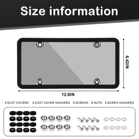 Gray Framed Bubble License Plate Cover Set 2 Pack size info with screws and caps for 12x6 US plates, weather resistant