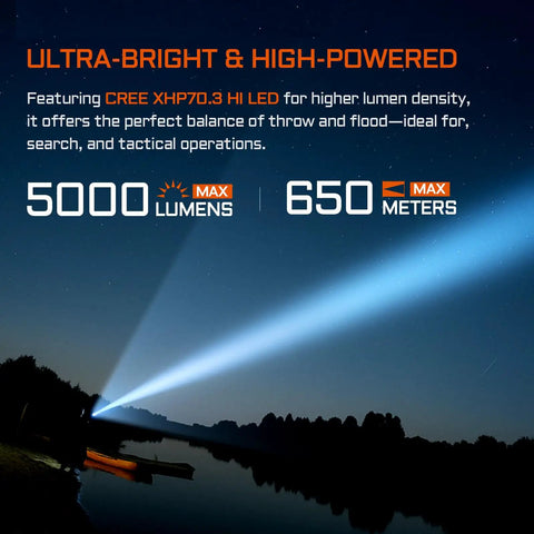Hardcore L35 Tactical Flashlight 5000 Lumens with 480 Meter Throw beam shining across water at night