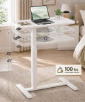 Mobile Rolling Desk Featuring Hidden Wheels And Smooth Pneumatic Height Adjustment Portable Laptop Stand For Home Office Or Bedside Setup with white surface and measurements.