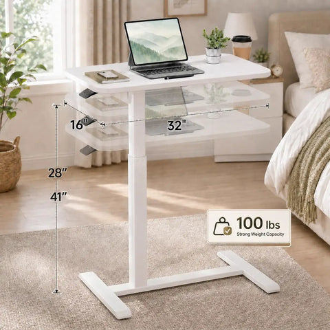 Mobile Rolling Desk Featuring Hidden Wheels And Smooth Pneumatic Height Adjustment Portable Laptop Stand For Home Office Or Bedside Setup with white surface and measurements.