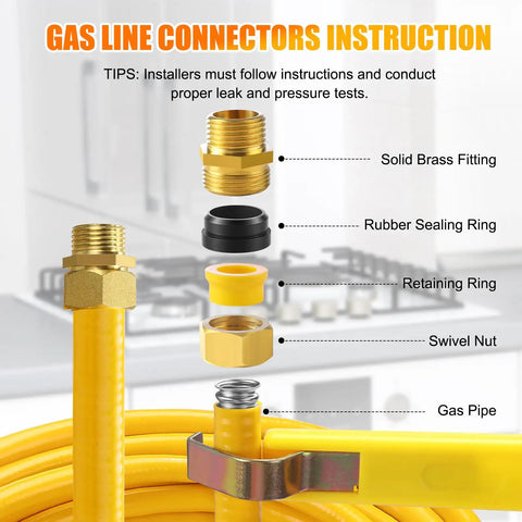 Half Inch CSST Gas Line For Natural Gas And Propane Flexible Corrugated Stainless Steel Tubing With PVC Jacket Brass Fittings Included Gas Pipe For Grills Heaters Stoves And Generators Thirty Three Feet Built To Last with labeled components.