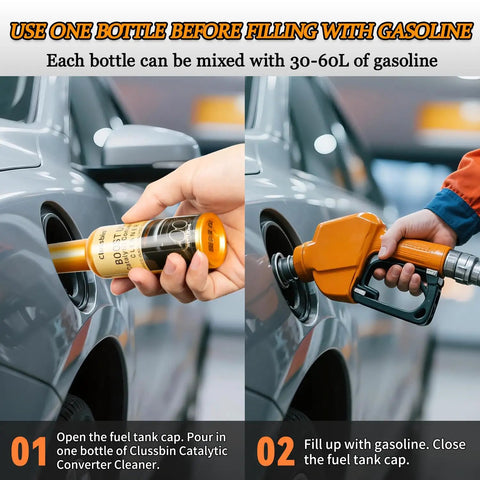 Hand pouring Catalytic Converter Cleaner Kit Four Pack For Engine And Exhaust System into car fuel tank