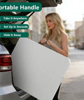 Woman placing Two Pack 6 Foot Folding Tables with Heavy Duty Plastic Tops and Reinforced Steel Legs into car trunk