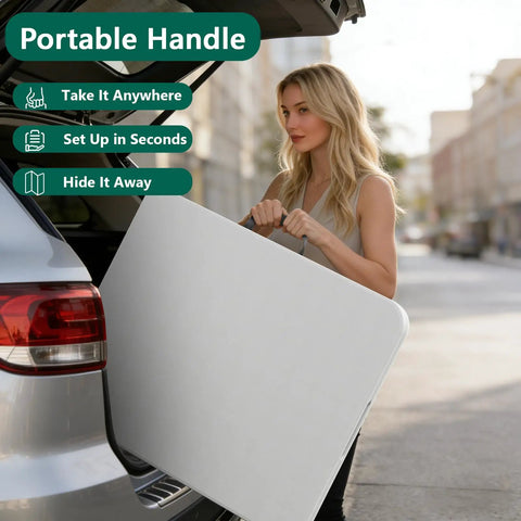Woman placing Two Pack 6 Foot Folding Tables with Heavy Duty Plastic Tops and Reinforced Steel Legs into car trunk