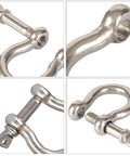 Close-up view of Heavy Duty 1/4 Inch Stainless Steel Screw Pin Bow Shackle Set, showcasing durable hardware for towing and rigging.