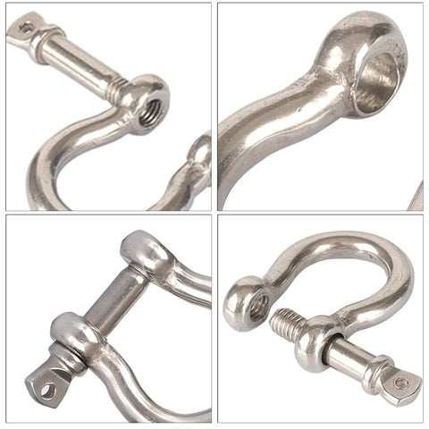 Close-up view of Heavy Duty 1/4 Inch Stainless Steel Screw Pin Bow Shackle Set, showcasing durable hardware for towing and rigging.