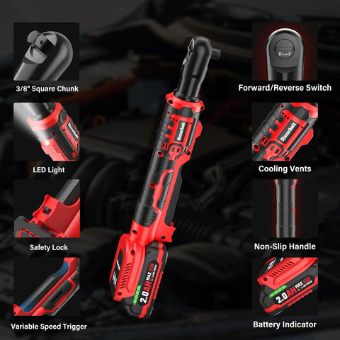 Three Eighths Inch Cordless Ratchet Wrench Set With Brushless Motor Delivers 88 Ft Lbs Torque At 500 RPM On A 20V Battery with LED light