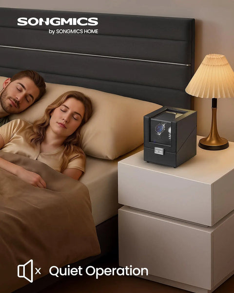 Automatic Double Watch Winder Box With No Fuss Quiet Motor LED Light USB C Powered Adjustable Pillow Locking Case For Automatic Watches 4 Winding Settings Great For Bedroom Or Desk Black on nightstand