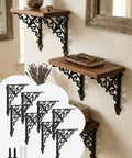 Rock Solid Vintage Cast Iron Shelf Brackets With Ornate European Scroll Design And Heavy Duty Floating Wall Mount Support For A Total Home Game Changer on wooden shelves.