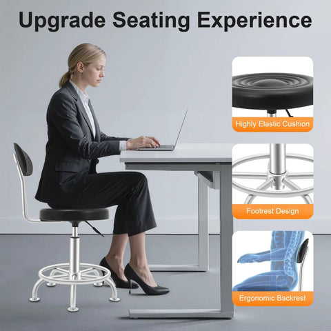 Round Black Hydraulic Swivel Shop Stool With Backrest, Adjustable Height, Heavy Duty Iron Frame, Comfortable PU Seat in use