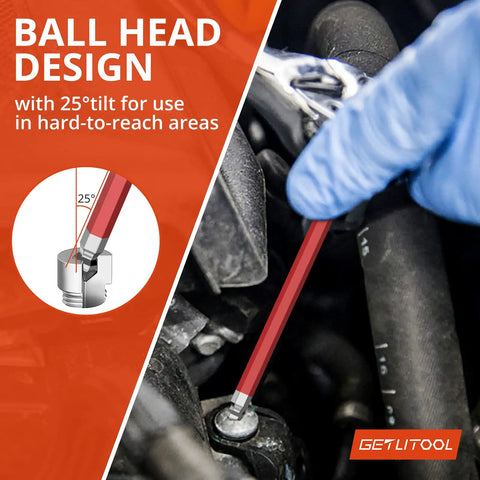 18 Piece Magnetic Allen Key Set With Ball End Hex Keys And Torque Handle used in tight engine space with 25-degree tilt.