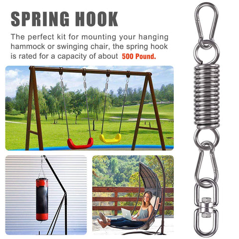 Beefy Heavy Duty Swing Spring Hardware Kit For Hanging Chairs And Hammocks Swivel Hanger Hook Suspension For Indoor Outdoor Use Porch Swing Garden Rocking Seat 550 Lb Capacity displayed with swing and hammock chair in the background.