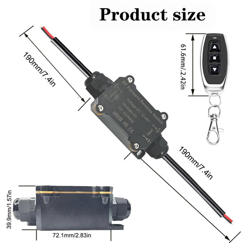 DC12V forward/reverse wireless motor remote switch with waterproof black housing and 4-button remote fob.