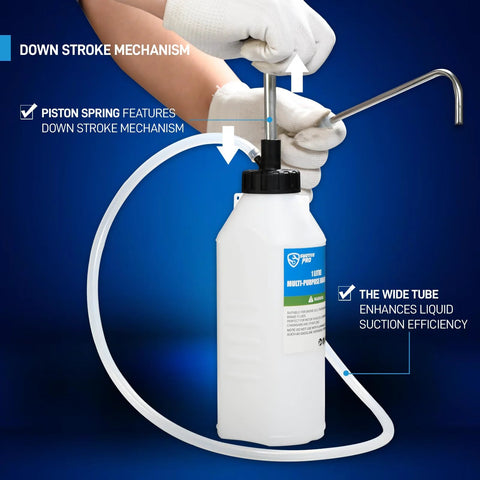 Front view of SMOTIVEPRO 1L white oil pump with blue label and wide suction tube