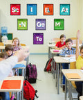 Classroom with Colorful Science Bulletin Board Set With Scientist Posters and Classroom Banner for Teachers on wall.