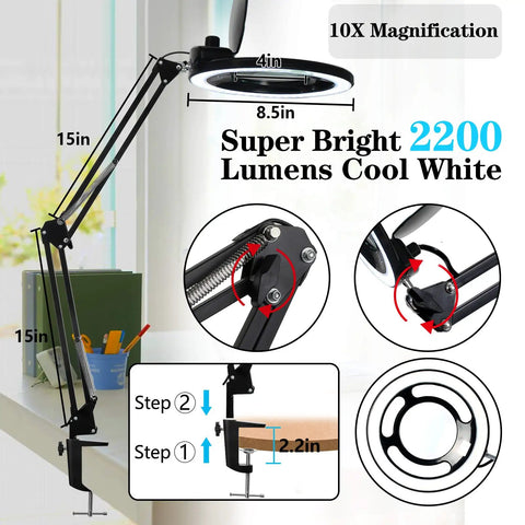 12X Magnifying Glass With Light LED Lamp Clamp On Arm For Close Up Work And DIY Hobby Repairs 2200 Lumens Stepless Dimmable