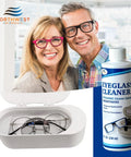 Eyeglass cleaner solution bottle and white ultrasonic cleaner with glasses inside (32 oz).