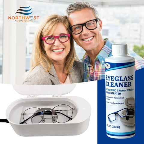 Eyeglass cleaner solution bottle and white ultrasonic cleaner with glasses inside (32 oz).