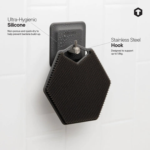 Silicone Shower Hook With Adhesive For Inside Shower No Mess Waterproof Bathroom Organizer For Razors Loofahs And Accessories Removable And Reusable Charcoal Finish Heavy Duty Mount Holds Up To Four Pounds