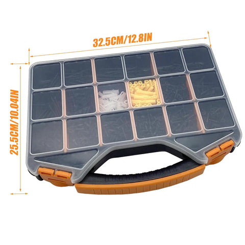 Ultimate Wood Screws Assortment Kit in clear case with 13 sizes of screws and 100 anchors visible through transparent lid