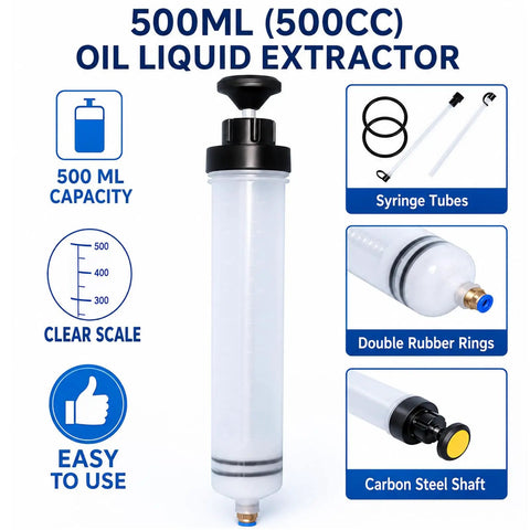 Heavy Duty 500ml Fluid Extractor Syringe For Brake Bleeding Manual Oil Transfer Pump with clear scale and carbon steel shaft.