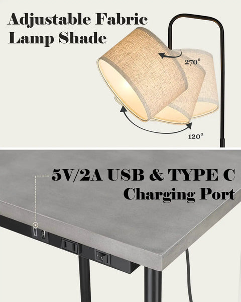 Rustic Cozy Solid Wood End Table Floor Lamp With USB Type C Port And Electrical Outlet, adjustable fabric shade, grey