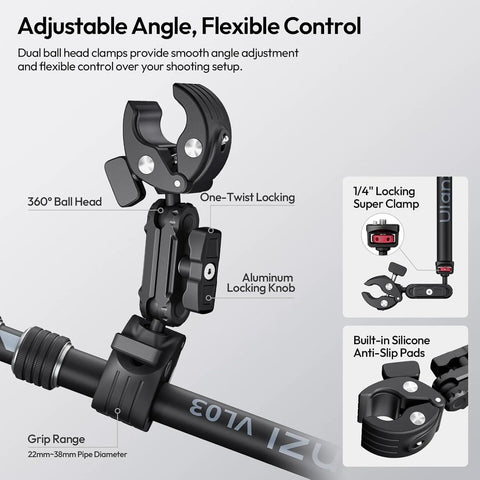 Close-up of Invisible Quick Release Selfie Stick Motorcycle Mount Kit With 40 Inch Adjustable Extension Pole And Dual Head Clamp