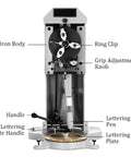 Professional Double Sided Dial Ring Engraver Featuring Hella Precise Hard Alloy Pen Tip For Sleek Inner Jewelry Marking And 1.5Mm To 2.0Mm Sturdy Letter Blocks with labeled components.