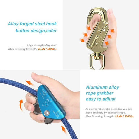 Half Inch Steel Core Tree Climbing Kit With Eight Foot Flip Line, Heavy Duty Arborist Gear showing steel hook and rope grabber.