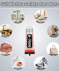 B-7000 adhesive tube with versatile uses for glass, bowls, toys, wood, manicure, bags, necklaces, and shoes.