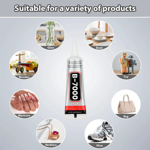 B-7000 adhesive tube with versatile uses for glass, bowls, toys, wood, manicure, bags, necklaces, and shoes.